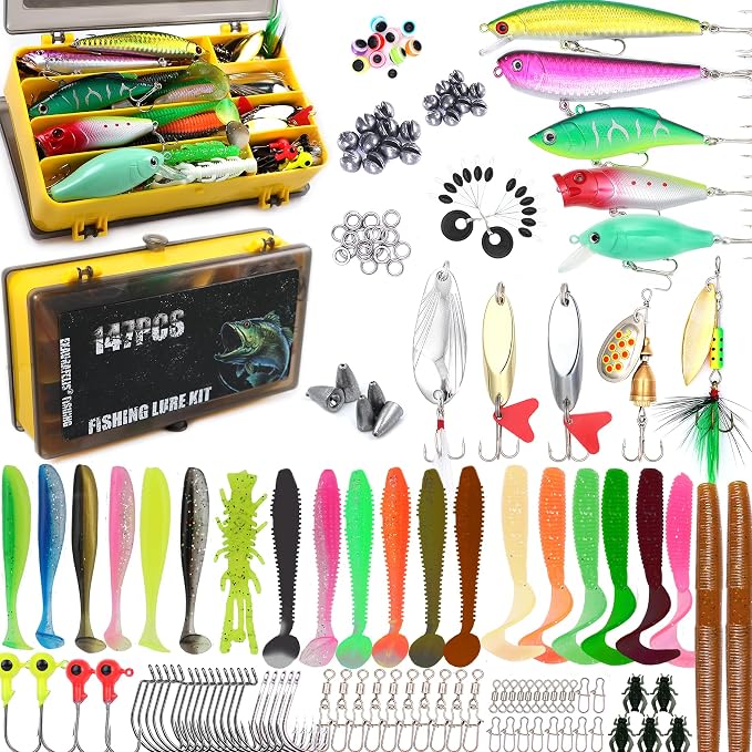 EXAURAFELIS Fishing Lures,Tackle Box with Tackle Included, Crankbaits, Spoon, Shrimp Worm Bait, Hooks,Weights & Other Accessories, Fishing Lures kit Lure Set for Bass Trout Salmon