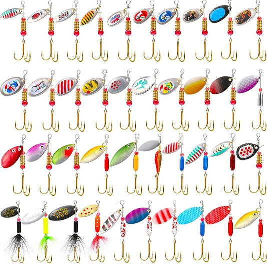Skylety 40 Pcs Fishing Lure Hard Metal Colorful Spinner Baits with Tackle Box Trout Spoon Fishing Lures for Bass Pike Walleye Trout Salmon