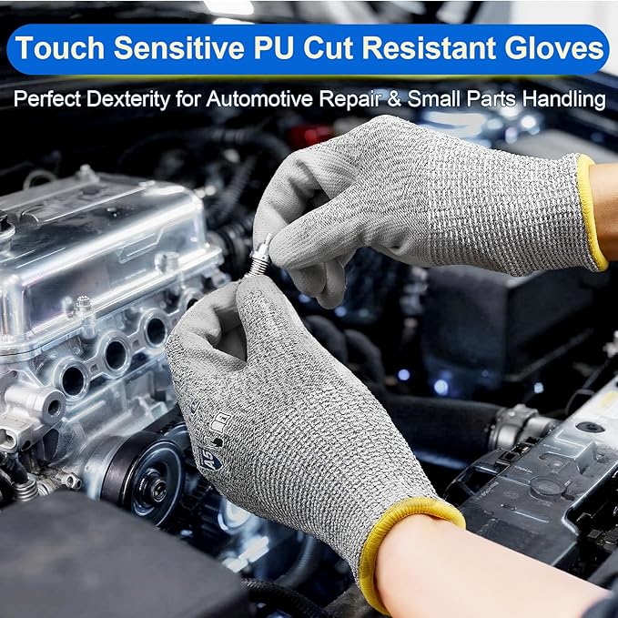 Dowellife Cut Resistant Work Gloves for Men & Women - ANSI A5 & EN388 Level 4, Breathable PU Coated, Grey Non-Marking - for Gardening, Fishing, Automotive, Construction, Wood Carving (Small, Grey)