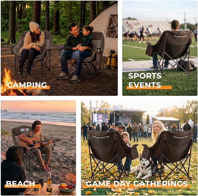 Overmont Oversized XL Camping Chair for Adults - 500lbs Support Heavy-Duty Padded Folding Chair with Side Pocket Cup Holder Cooling Bag for Outdoor Sports Garden Beach Fishing Lawn Khaki 2pcs