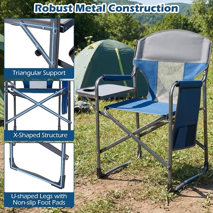 COSTWAY Oversized Folding Camping Chair with Padded Seat, Side Table, Cup Holder & Storage Pocket, Heavy-Duty Portable Director's Chair for Beach, Fishing, Picnic & Sports, Supports 400 lbs (Navy,1)