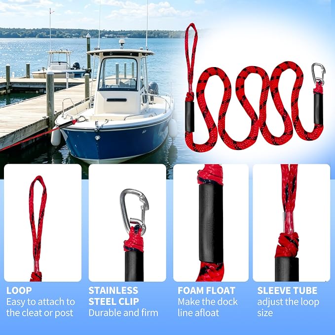 Bungee Dock Line with Stainless Steel Clip Boat Rope Mooring String with Foam Float for Docking,Kayak,Watercraft,SeaDoo,Pontoon,Canoe,Power Boat Accessory,7-10ft（Red&Black,with One Hook）