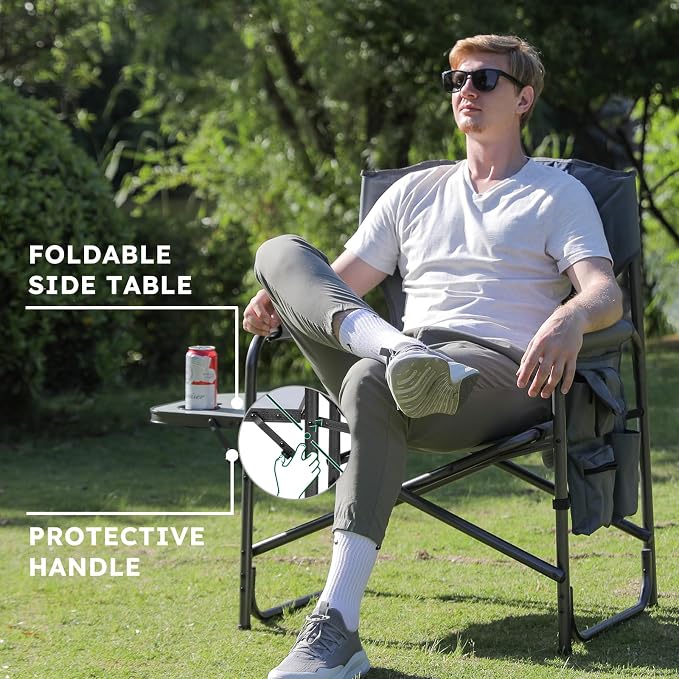 Colegence Oversized Directors Camping Chair Support 600 LBS, Heavy Duty Folding Outdoor Chairs with Detachable Side Pocket and Adjustable Side Table for Outside Beach,Lawn,Fishing (Green)