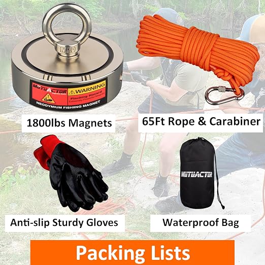 MUTUACTOR Fishing Magnet Kit,1800lbs Double Sided Fishing Magnets Heavy Duty,Φ 3.7" Permanent Neodymium Magnet with 65Ft Salvage Rope Sturdy Gloves Bag for Retrieval and Recovery of Treasure