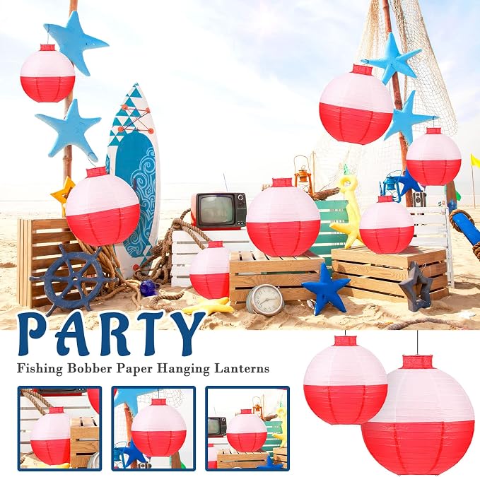 Set of 12 Fishing Bobber Round Paper Hanging Lanterns Fishing Birthday Decorations Hanging Paper Lanterns for Fishermen Theme Party Decoration Supplies, 12 Inches, 8 Inches (Red and White)
