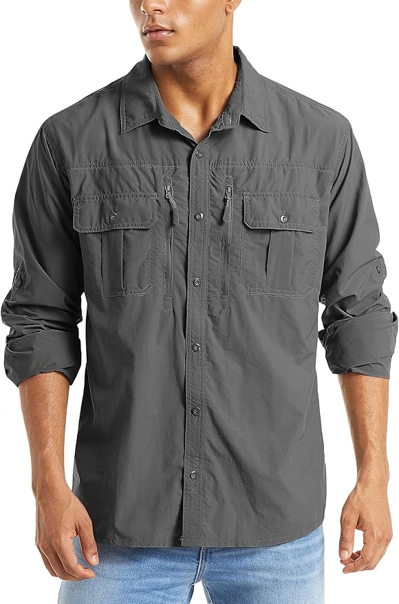 MAGCOMSEN Men's UPF 50+ Sun Protection Shirts, Button Down Long Sleeve Shirt for Hiking, Fishing, Safari
