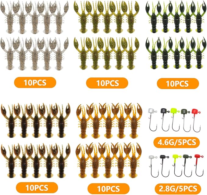 Soft Plastic Crawfish Lures Kit with Jig Heads, 25pcs/60pcs Creature Baits Fishing Lure Set for Bass Trout Pike Freshwater Fishing