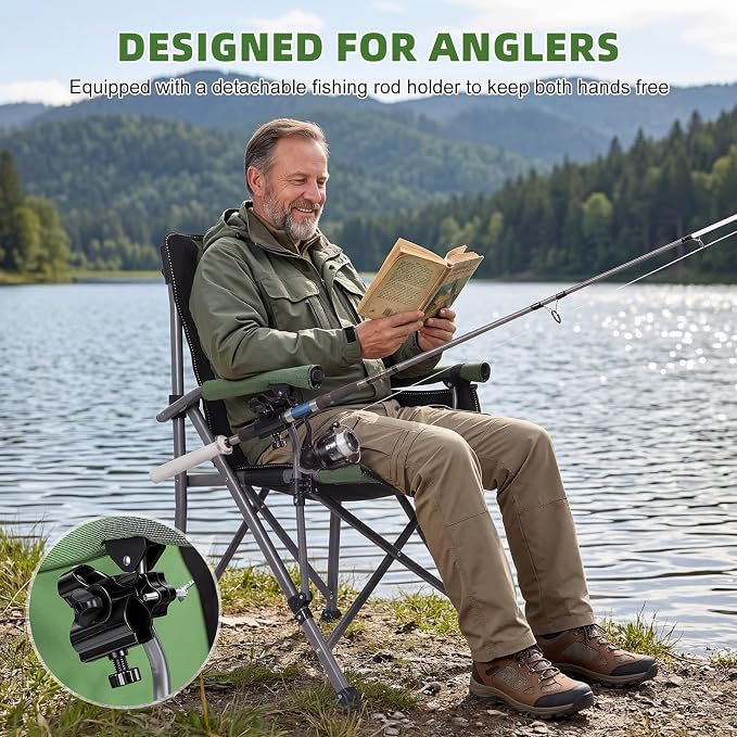Folding Fishing Chair with Rod Holder, 150Kg Heavy Duty All Terrain Chair with Side Pocket, Cup Holder, Portable Adults Armchair for Outdoor, Camping, Garden, Beach, Lawn Black Green