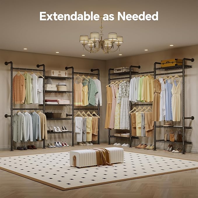 W3 Industrial Pipe Clothing Rack, Wall Mounted Clothes Rack Closet Wardrobe System with Expandable Hanger Rods Adjustable Storage Shelves, Heavy Duty Corner Walk-in Closet System, Black