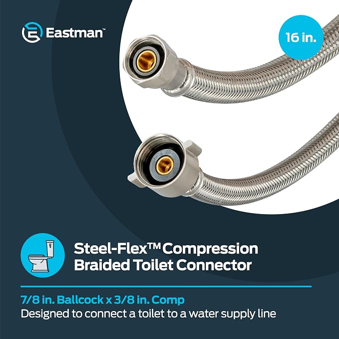 Eastman 16 Inch Steel-Flex Toilet Connector, Braided Stainless Steel Supply Line with 7/8 in Ballcock x 3/8 in Compression Ends, 48089