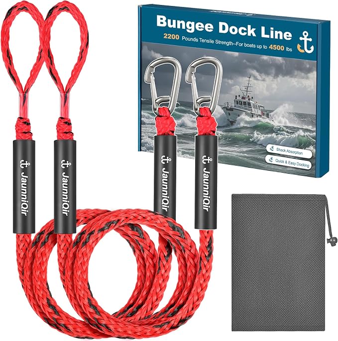 JaunniQir Bungee Dock Lines for Boats 7.2 Feet, 2 Pack Dock Lines with 316 Stainless Clips for PWC, Jet Ski, Kayak, Watercraft, Pontoon, Shock Absorbing Tie Off Downs Boat Mooring Ropes Accessories