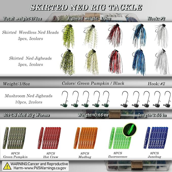 Ned Rig Jig Heads Soft Plastic Worms Fishing Lures Kit, 60/50/10 Pcs Weedless Skirted Mushroom Ned Rigs Jighead Hooks Stick Baits Bass Fishing Lures for Freshwater Saltwater