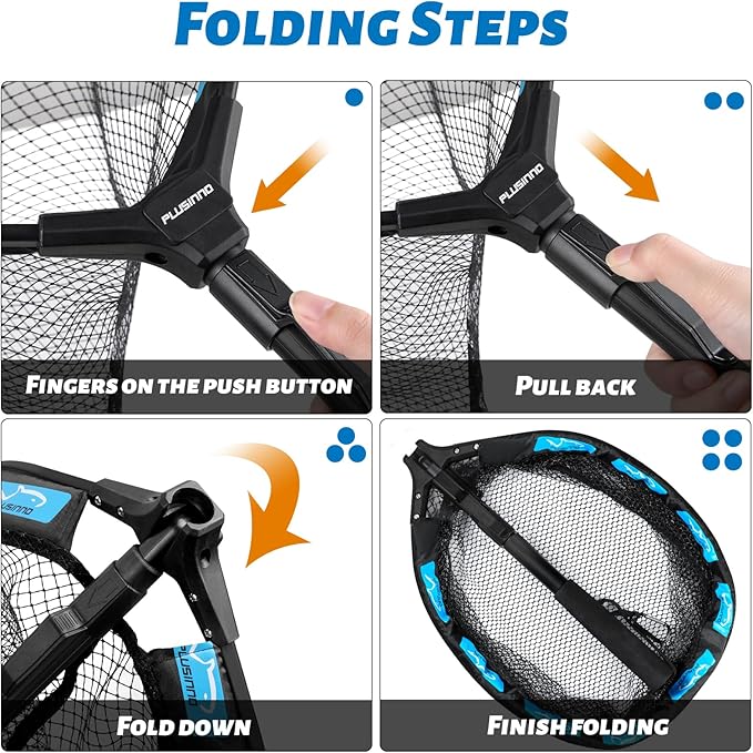 PLUSINNO Fishing Net Fish Floating Landing Net, Kayak Nets with Fixed Foldable Telescopic Pole Handle, Bass Trout Fishing Nets with Nylon Mesh for Pond Lake River, Fishing Gear Gifts for Men Anglers