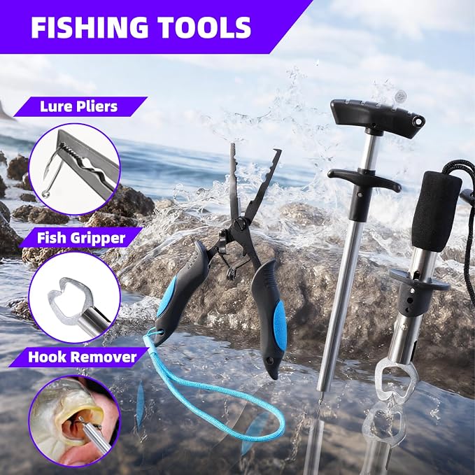 Jaylene 16.5Inch Fishing Backpack with Tackle Boxes, Fishing Backpack with Rod Holder, Waterproof Sling Tackle Bag For Gear With Lures, Pliers, Fish Lip Gripper Gifts for Men（103PCS Tool Kit）
