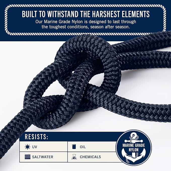 RainierSupplyCo Boat Anchor Rope - Double Braided Marine Rope Anchor Line - 50 ft x 3/8 Inch Nylon Boating Line with 316 Stainless Steel and Heavy Duty Marine Grade Bow Shackle - Navy Blue