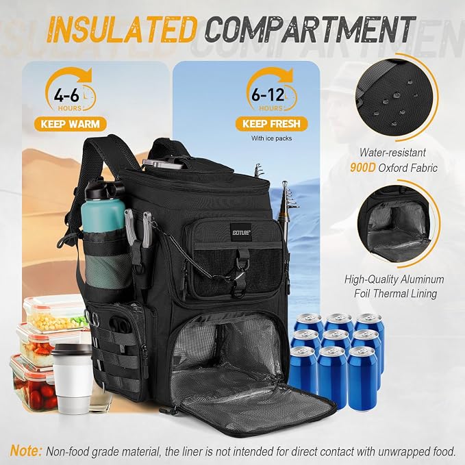 Goture Fishing Backpack with 4 Tackle Boxes, 900D Water-Resistant Tackle Backpack with Rod Holders,Insulated Cooler Compartment, 55L Large Capacity Fishing Gear Storage Bag for Saltwater & Freshwater