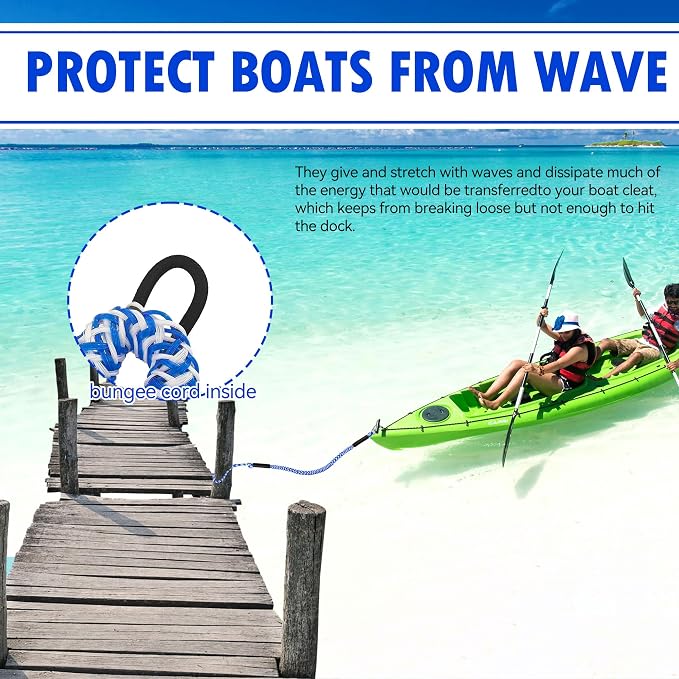 Boat Bungee Dock Lines – Adjustable Boat Tie Downs for Pontoon, Jet Ski, PWC, Kayak | Single Hook Small Cruiser Mooring Lines | (2, Blue & White, 4 Feet)