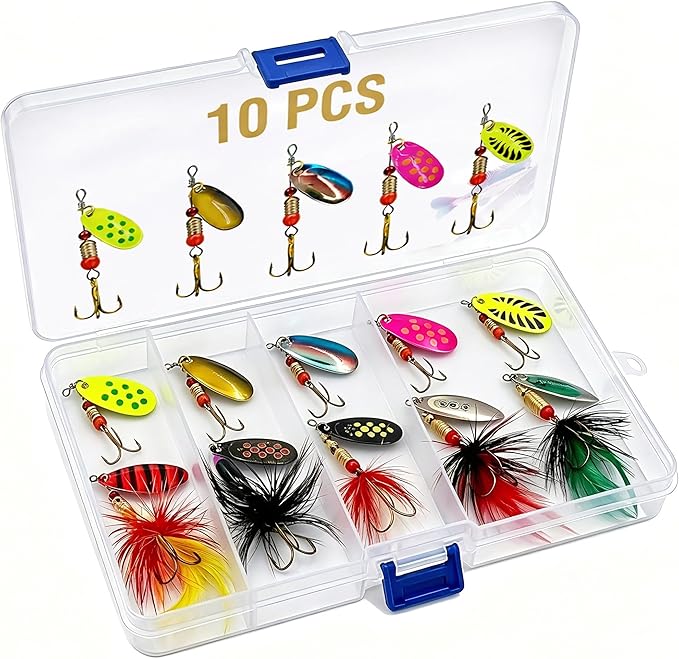 Fishing Spinner Lures Kit 10/15/16/20PCS, Inline Spinner Baits with Treble Hooks and Feather Tails, Metal Fishing Lures for Trout Bass Salmon Panfish, Multi-Color Freshwater Fishing Tackle Set