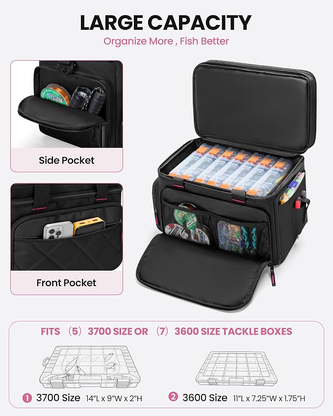Smasrob Fishing Tackle Bag with Large Lure Boxes Pocket and Extra Top Tackle Trays Pocket, Fish Bag for Saltwater and Freshwater (Tackle Trays Not Included), Black