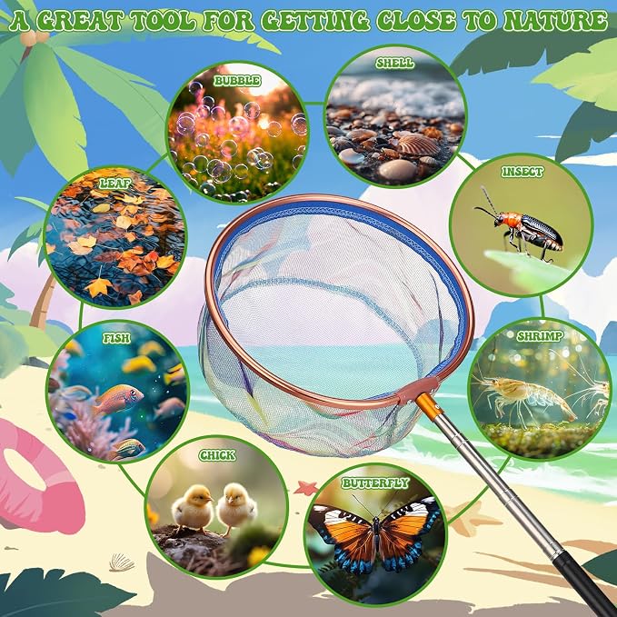 2 Pack Telescopic Kids Fishing Net with Handle, 2 Collapsible Bucket Sand Pail, Stainless Steel Foldable Fishing Net Small Fishing Butterfly Bug Net Beach Shovel with Storage Bag
