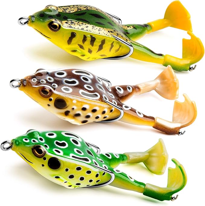 Topwater Frog Lure Bass Trout Fishing Lures Kit Set Realistic Prop Frog Soft Swimbait Floating Bait with Weedless Hooks for Freshwater Saltwater