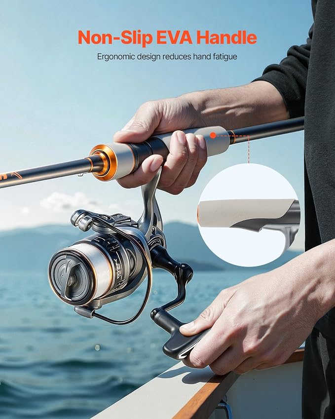 VEVOR Rod and Fishing Reel Combo, IM6 Fiberglass & Carbon Fiber Spinning Rod and Reel Combo, Bass Fishing Pole with 6.5 ft Two-Piece Rods, 6+1 Ball Bearings, Stainless Steel Guides with Ceramic Rings