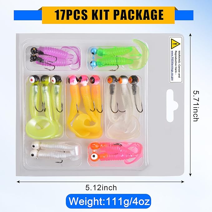 Grub Lures Fishing Jigs Head Hooks Kit- Crappie Jigs Soft Plastic Grub Tail Worm Lure Bait Buster Tubes Baits for Bass Trout Saltwater Freshwater Fishing