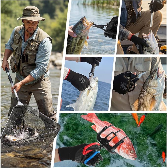 Ceenna 14 Pcs Fishing Tool Kit, Fishing Pliers, Retractable Landing Net, Lip Gripper, Fillet Knife, Digital Scale, Hook Remover, Scaler, Braid Scissors, Sharpener, Tool Retractor Accessories