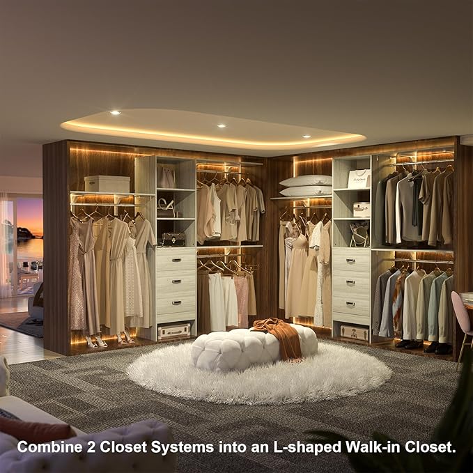 Armocity 96 Inches Closet System, 8FT Walk In Closet Organizer with 3 Shelving Towers, Heavy Duty Clothes Rack with 3 Drawers, Built-In Garment Rack, 96"L x 16"W x 75"H, Load 1000 LBS, White Oak