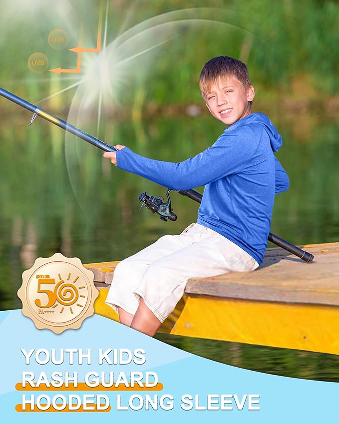 Roadbox Boys Rash Guard Hooded Fishing Shirt, Kids UPF 50+ Long Sleeve Sun Hoodie, Youth UV Protection Beach Swim Shirts