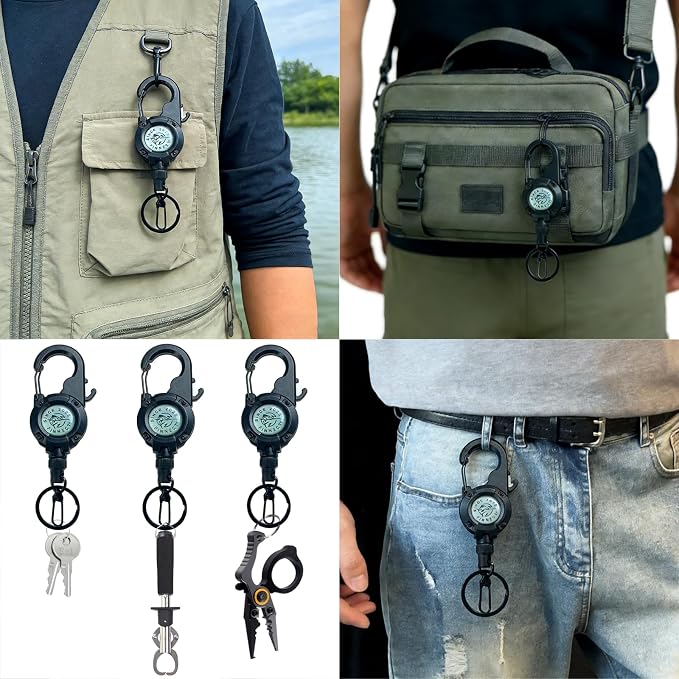 Fly Fishing Zinger Retractor with Carabiner Clip, 26" Steel Wire, Line Cutter, Magnetic Closure, 360° Rotation, 1/2 Packs, Multiple Colors for Fishing, Cycling, Hiking
