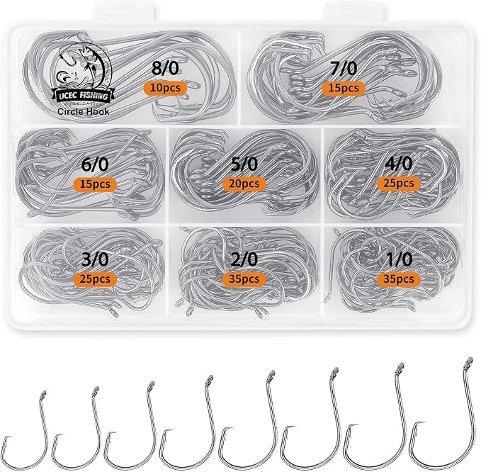 UCEC Circle Hooks Fishing Hooks 2X Strong Offset Circle Hooks Saltwater Black High Carbon Steel Octopus Catfish Fishing Hooks Fishing Gear Tackle 150pcs/ 240pcs - Size:#1 1/0 2/0 3/0 4/0 5/0 6/0 8/0