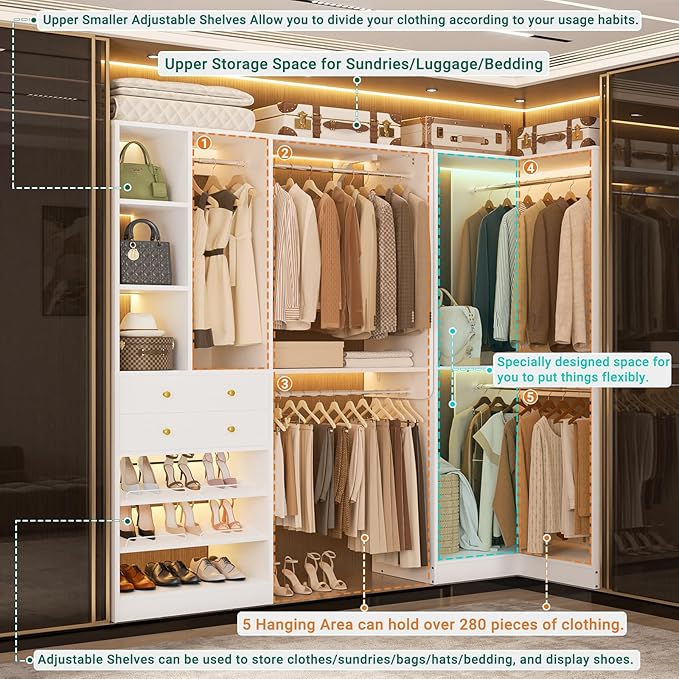 Closet System with 2 Drawers, 5 Hanging Robs, 4 Adjustable Shelves, 90.5"*31.5" Closet Organizer System with Corner Tower, L-shape Walk-in Closet System, Corner Closet System Set of 2, White