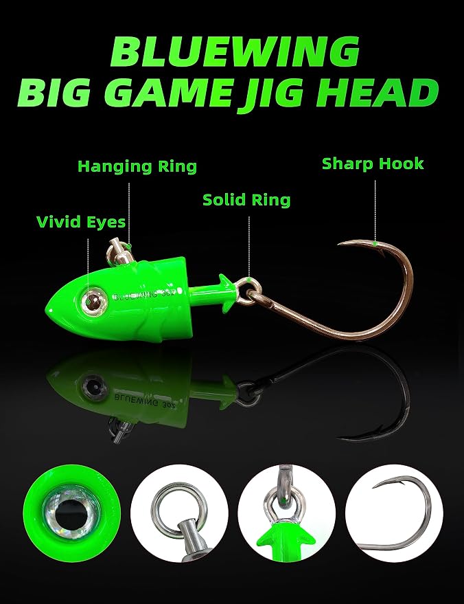 BLUEWING Jig Heads Saltwater 2oz,3oz,4oz,5oz,6oz,7oz Swimming Jigheads 1pc with High Carbon Steel Swing Hook and 6in/9in Replacement Tail Big Game Fishing Lures