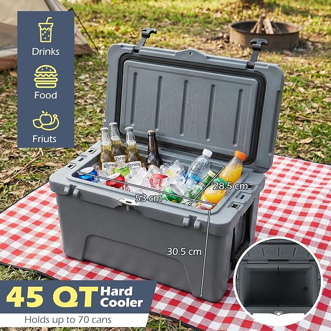 Goplus Hard Cooler, Insulated Ice Chest w/Portable Handles, Cup Holders, Ruler, Bottle Opener, 6 Day Ice Retention for Drink, Beverage, Camping, Fishing, Beach