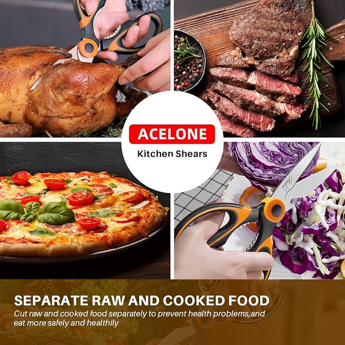 Acelone Kitchen Shears 2-Pack, Heavy Duty Stainless Steel Kitchen Scissors, One for Meat Poultry & BBQ Cutting, One for Vegetable & Herb Slicing, Dishwasher Safe All Purpose Cooking Utility Scissors
