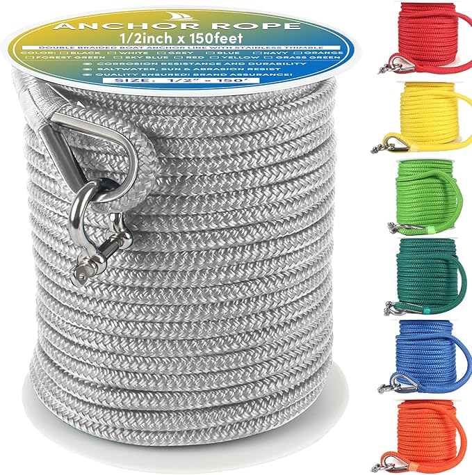 Boat Anchor Rope 150 ft x 1/2 inch Grey, Double Braided Anchor Line with Stainless Steel Thimble & Shackle, Marine Rope Ideal for Towing,Mooring,Decks,Anchoring,for Boats Up to 35'