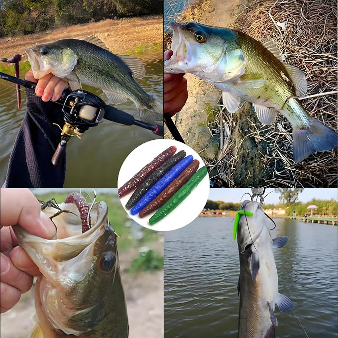 Senko Bait Soft Plastic Lures 20pcs - 4inch Wacky Rig Worms for Bass Fishing, 5-Color Mix Soft Stick Baits for Wacky & Carolina Rig Fishing