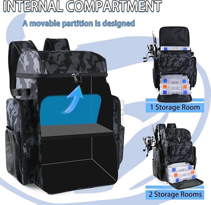 Fishing Backpack with 4 Tackle Boxes, 45L Large Tackle Bag & Fishing Tackle Backpack for Fishing, Camping, Hiking,Camouflage