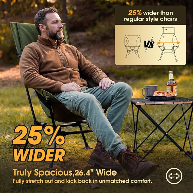 MOON LENCE Oversized High Back Camping Chair for Adults, Height Adjustable Folding Camp Chair | 400 lbs Capacity & 5.4 lbs Weight, Hidden Pillow Pocket Wide Seat for Camping Fishing Overlanding, Green