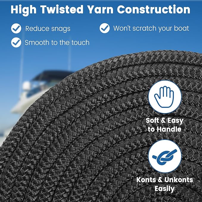 Premium Marine-Grade Dock Lines - 2 Pack 3/8" x 20' Strength-Tested Double Braided Nylon Boat Ropes with 12" Security Loops | Heavy-Duty Docking & Mooring Rope