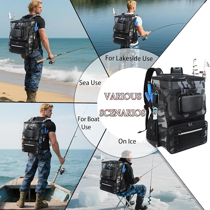 Fishing Backpack with Rod Holder X-Large 60L Tackle Gears Bag with Cooler for Storage Tackle Box and Fishing Accessories Stuff, Fish Gifts for Men Woman-Gray Camo