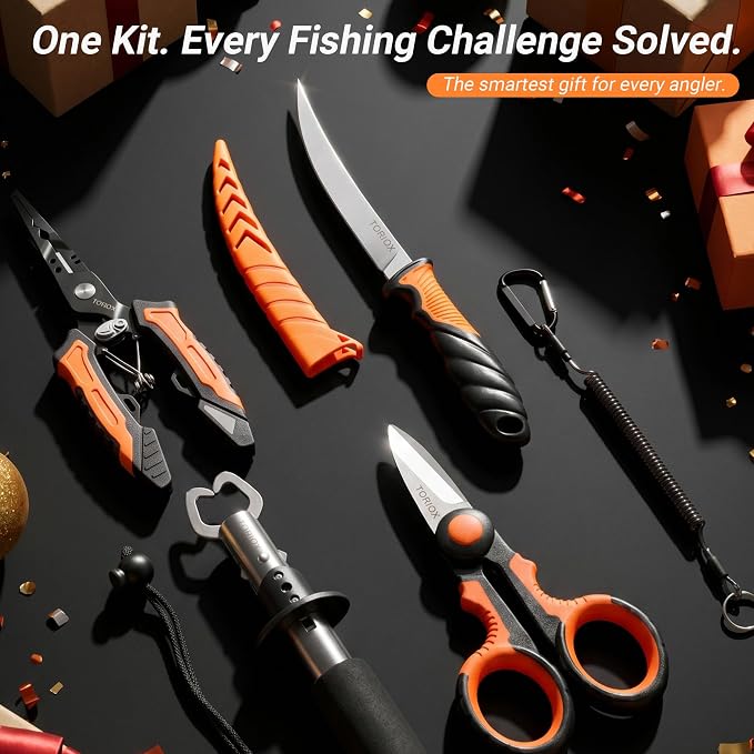 TORIOX Fishing Tool Kit with Fishing Pliers, Fish Lip Gripper, Fillet Knife & Braid Scissors, Saltwater Freshwater Fishing Accessories Set, Fishing Gear Gift for Men