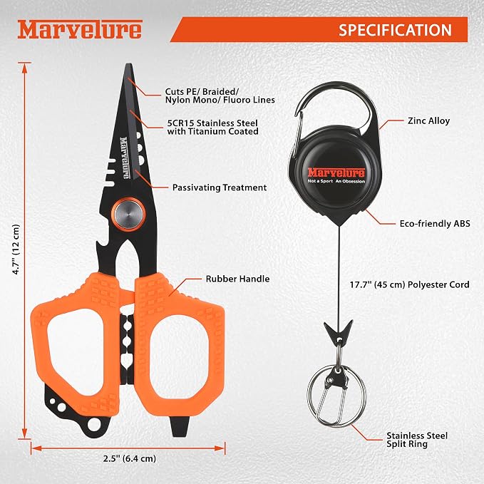 Pro Fishing Shears 4.7'' (12 cm), Dual Serrated Blades, Titanium-Coated Braided Line Scissors with Non-Slip Grip & Multifunction Tool, Includes Zinger Retractor (Orange, 4.7'' (12 cm))