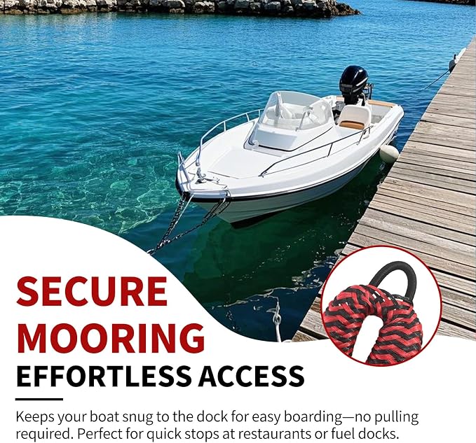 2-Pack Bungee Dock Lines for Boats with Loops, Boat Tie Downs for Docking, Adjustable Boat Mooring Rope for Pontoon, Jon Boat & PWC (Red & Black Waves, 4 FT)