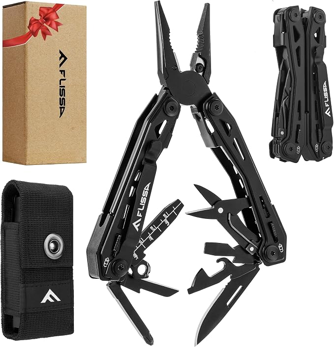 FLISSA 16-in-1 Stainless Steel Multi Tool, Gifts for Men Dad, EDC Multitool with Pocket Knife, Pliers, Belt Clip and Oxford Sheath, Self-locking Utility Multi-Tool for Camping Survival Outdoor