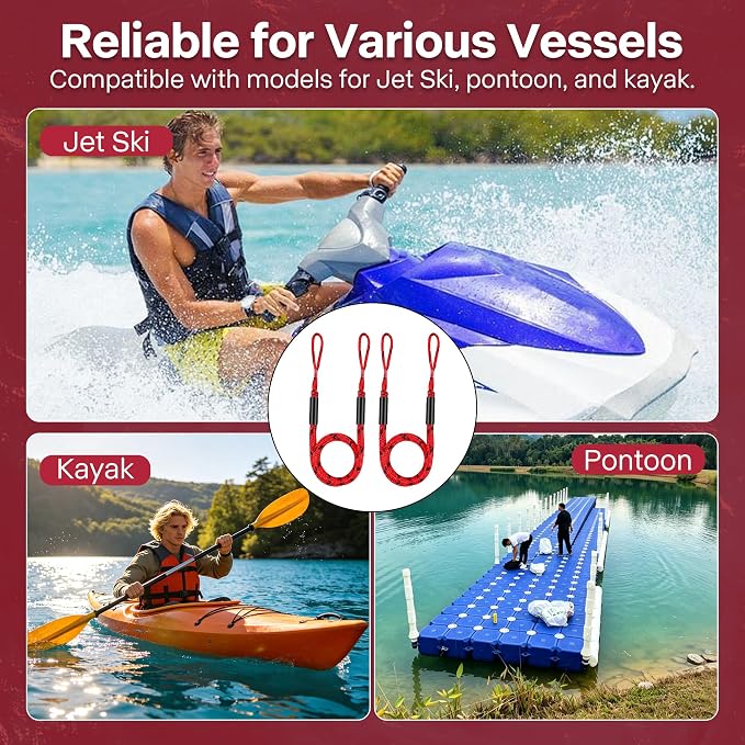 Boat Bungee Dock Lines, Scratch-Free Loop Ends Mooring Rope, Shock Absorbing Pontoon Tie Down Accessories Compatible with Models for Jet Ski（3ft-2 Pack-Red&Black Dots）