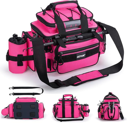 Goture Fishing Tackle Bag, 600D Water-Resistant Soft Side Crossbody Sling Bag with Rod Holder,Small Gear Storage Tactical Bags for Saltwater & Freshwater,Fits 4 3600 Tackle Boxes (Not Included)