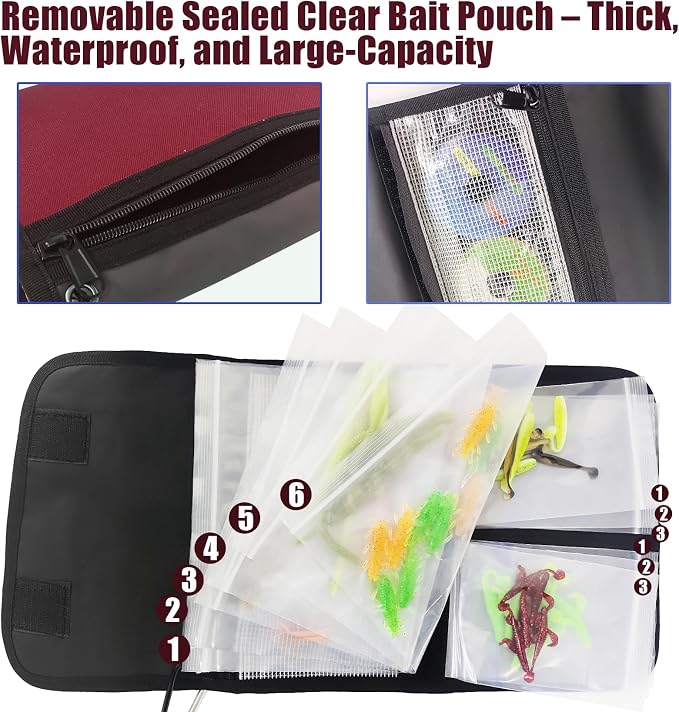 Aventik Fishing Tackle Organizer Case Soft Bait Binder Plastic Baits and Tackle Organized Removable Storage Pockets (L:Dark Red)