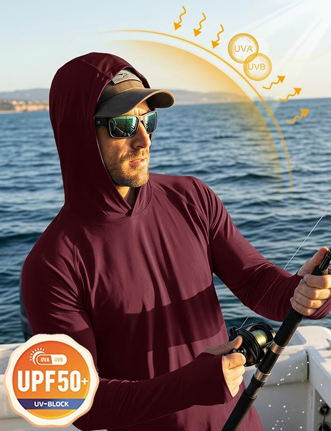 MAGCOMSEN Men's Hooded UPF 50+ Sun Protection T Shirts Long Sleeve Athletic Fishing Shirts Rash Guards